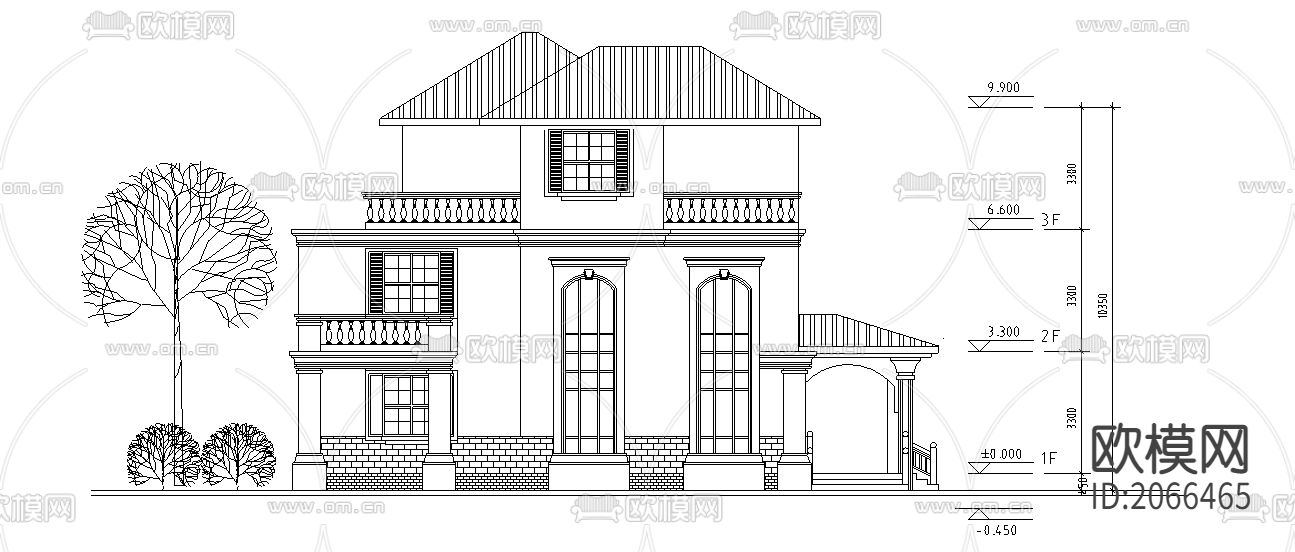 别墅大平立剖CAD施工图下载（渲染图2）