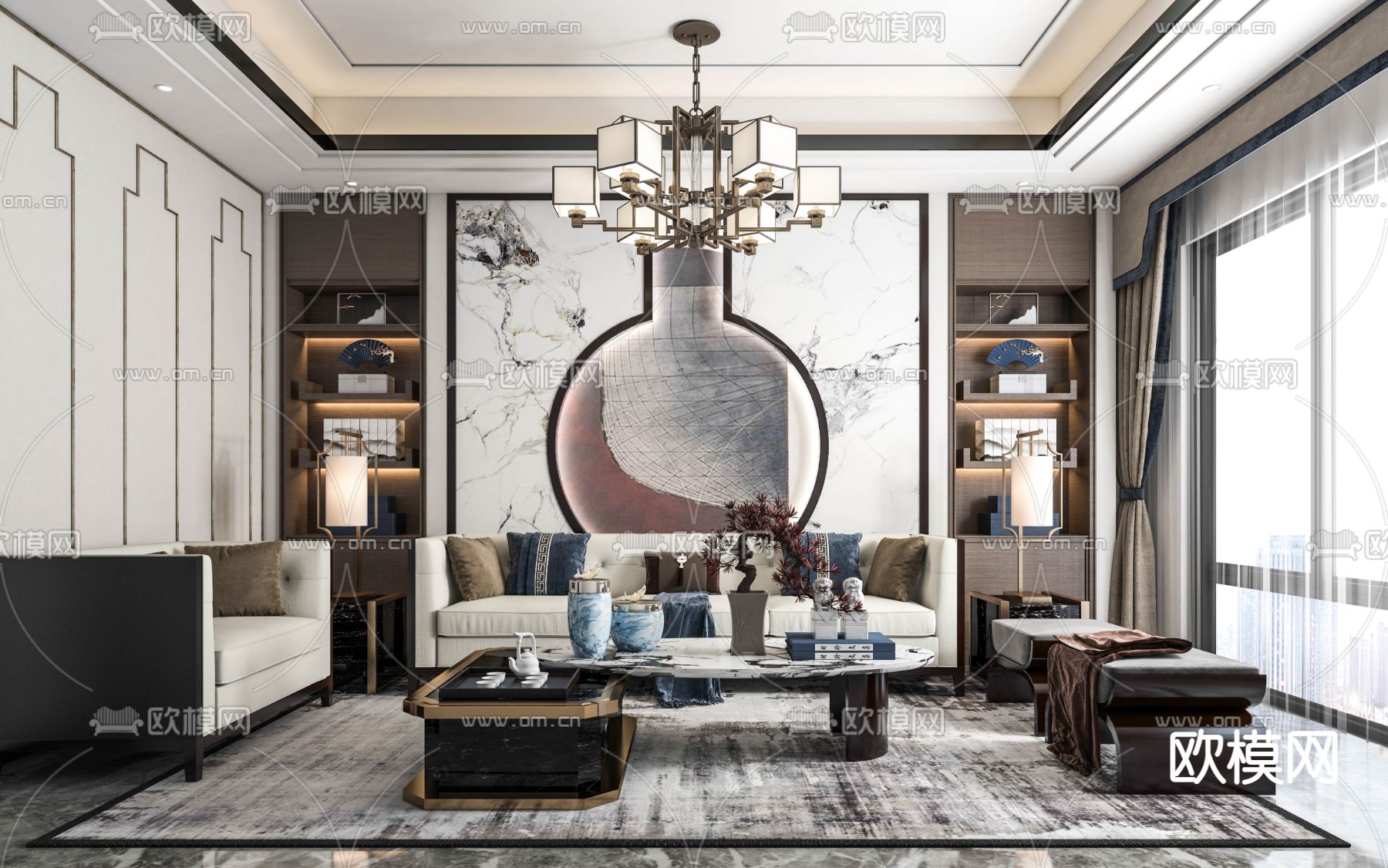 新中式实木组合沙发3d模型下载