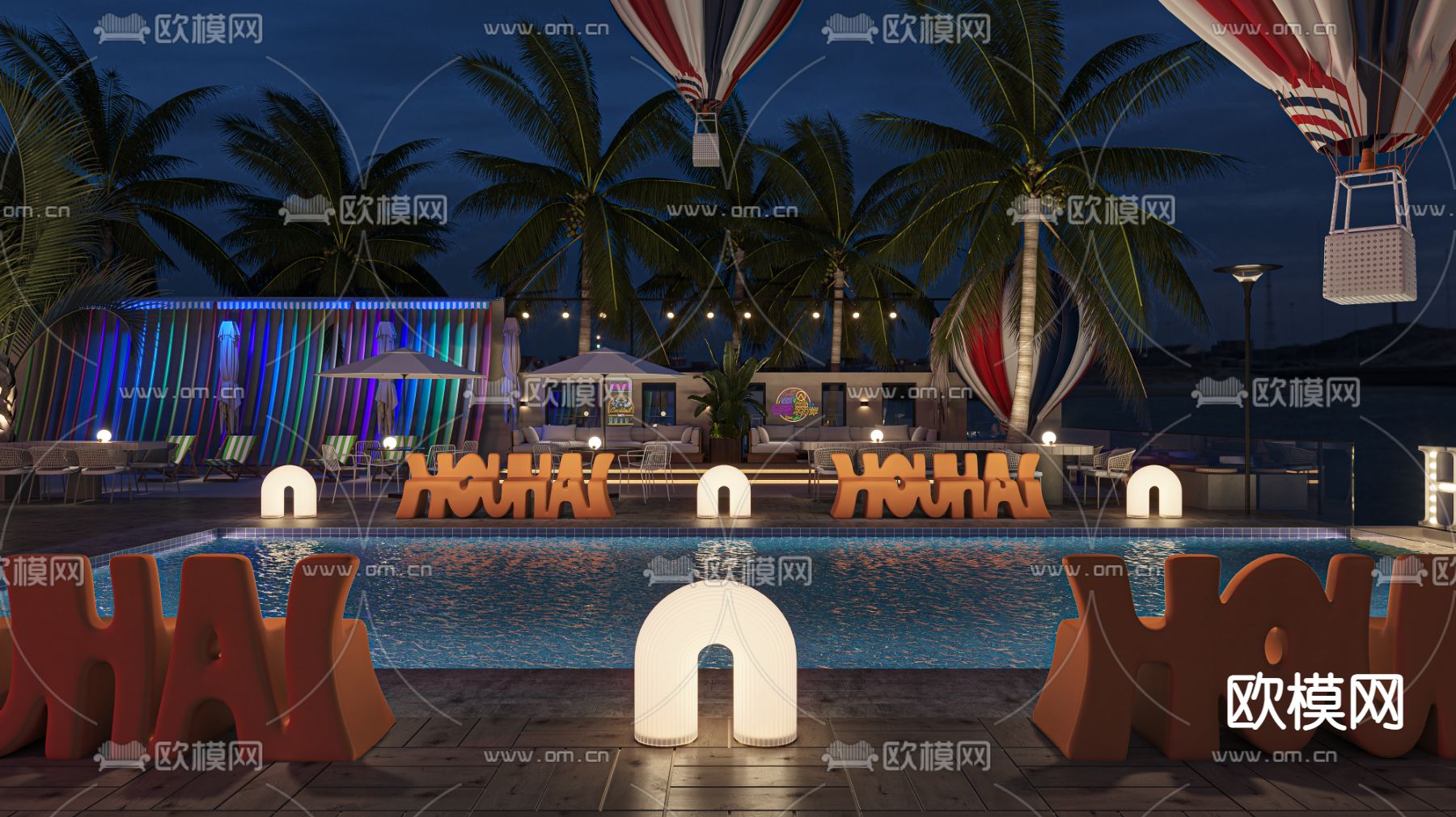 现代酒店户外泳池3d模型
