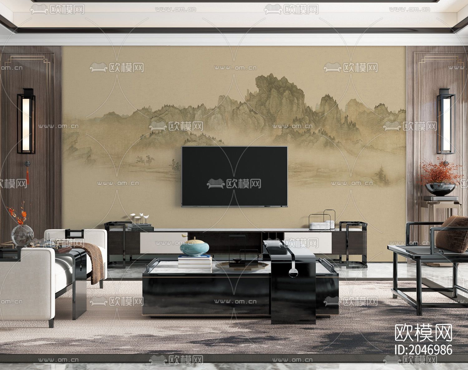 中式山水壁画壁下载（渲染图3）