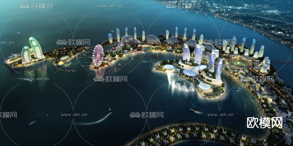 现代海边城市鸟瞰夜景3d模型下载