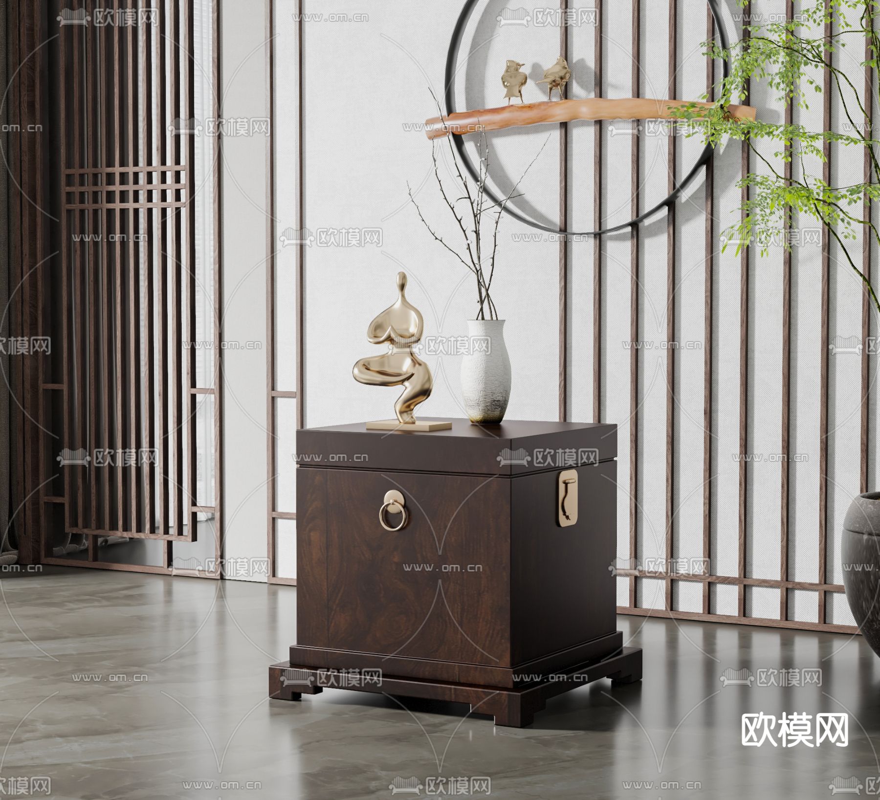 新中式实木床头柜3d模型下载