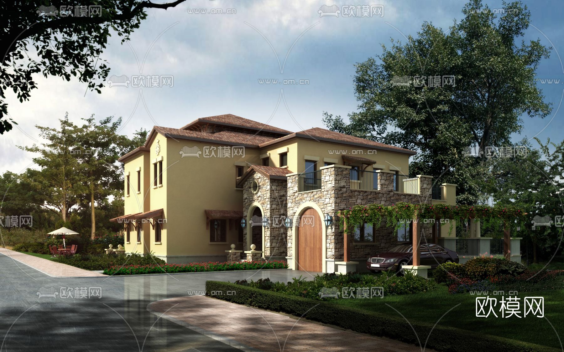 简欧独栋别墅外观3d模型下载
