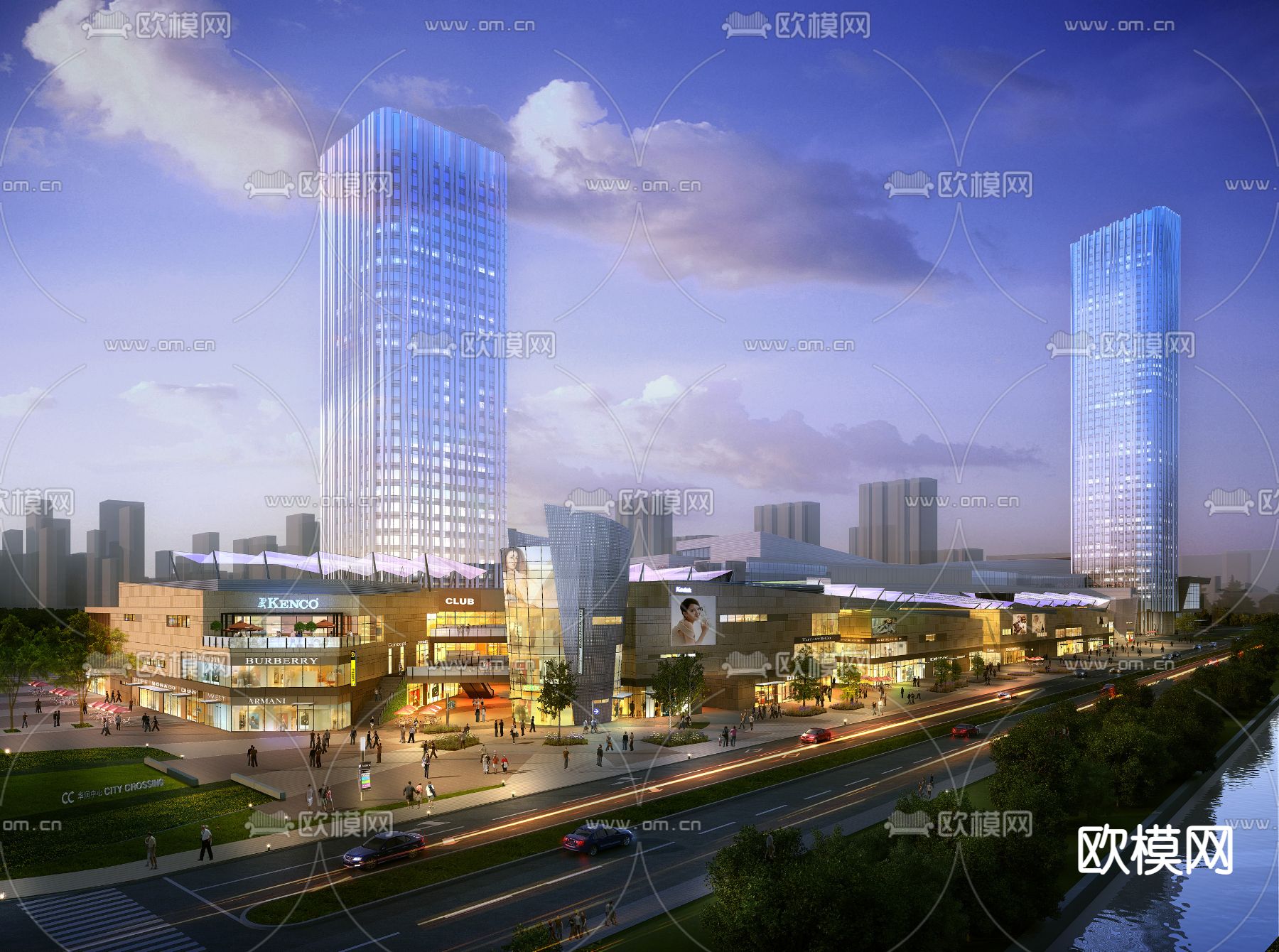 现代商场办公楼外观夜景3d模型下载