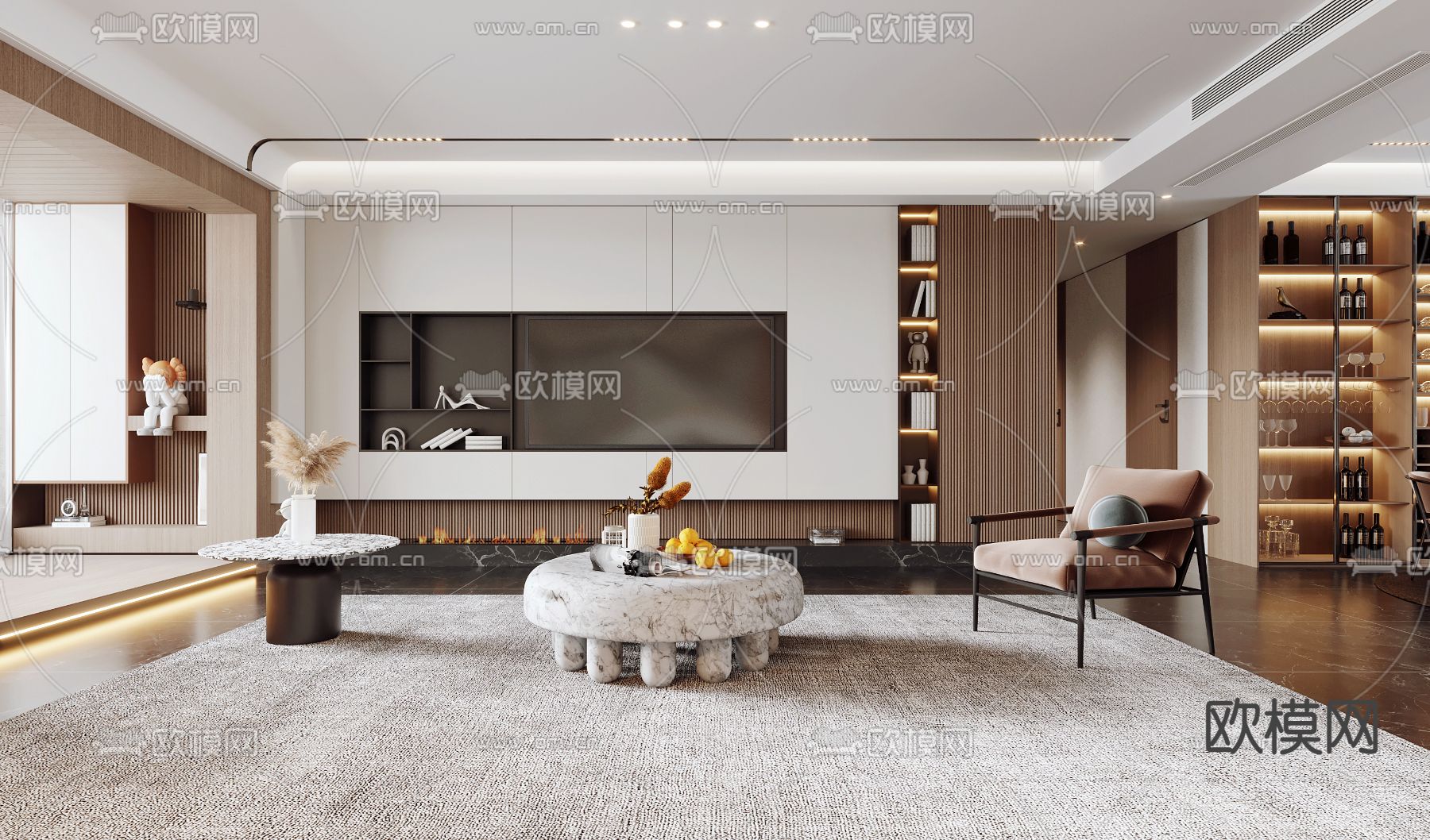 现代轻奢客厅餐厅3d模型下载（渲染图2）