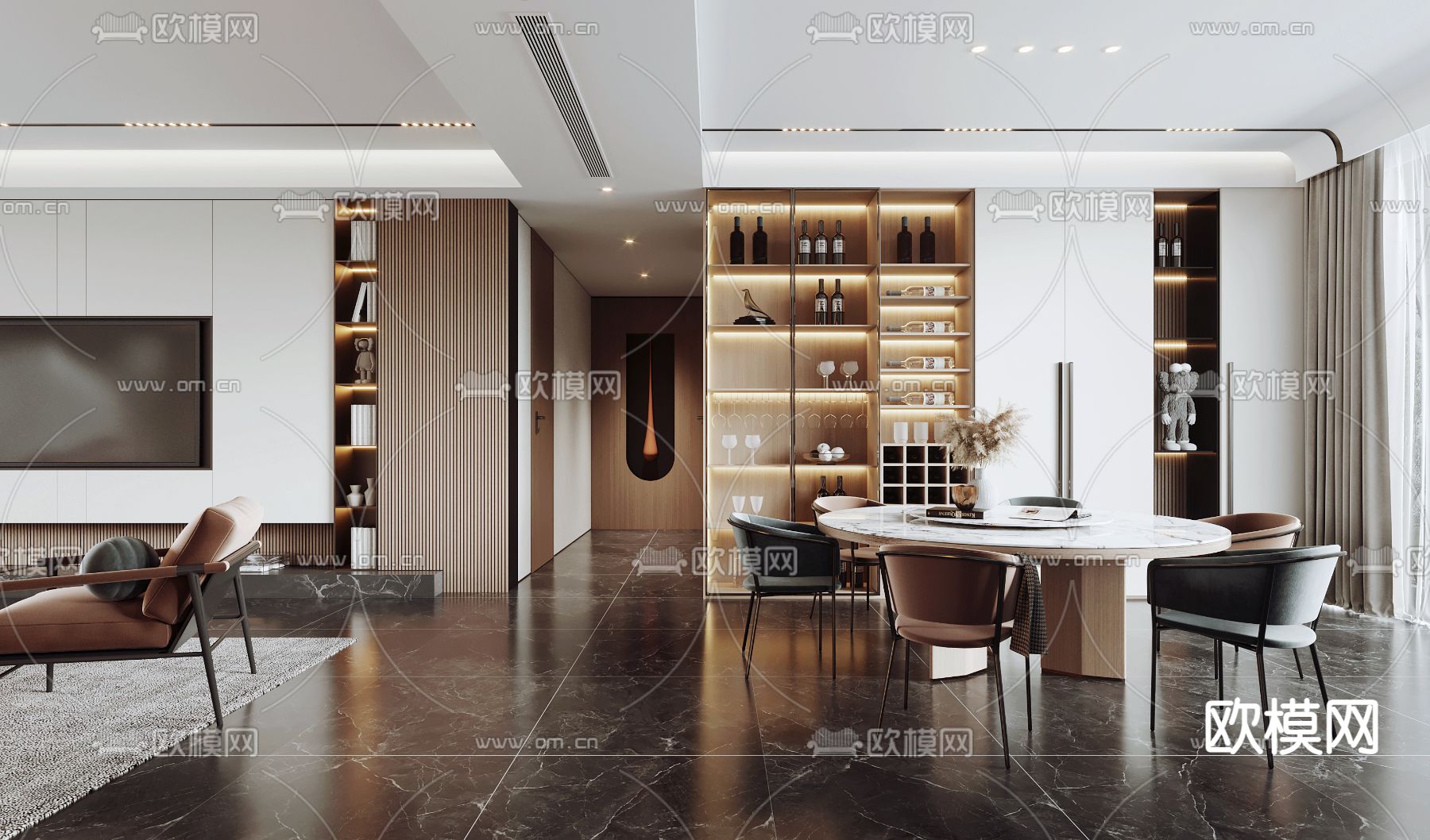 现代轻奢客厅餐厅3d模型下载（渲染图3）