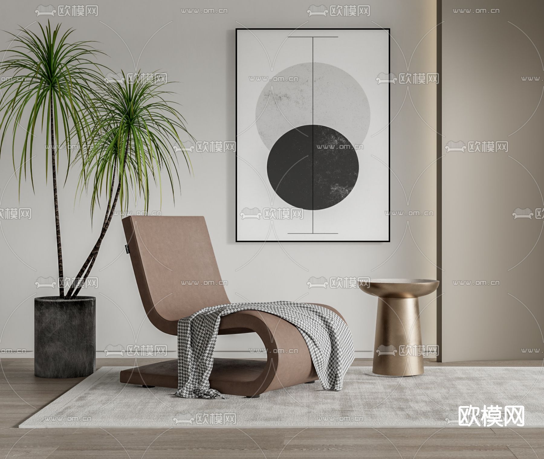 现代皮革休闲椅su模型下载（渲染图1）