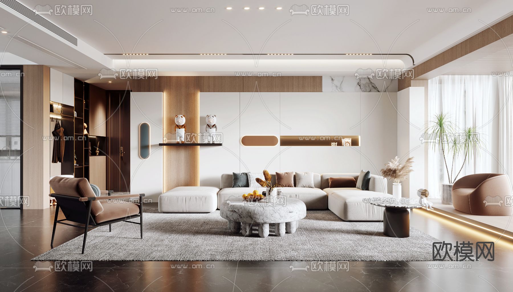 现代轻奢客厅餐厅3d模型下载（渲染图1）
