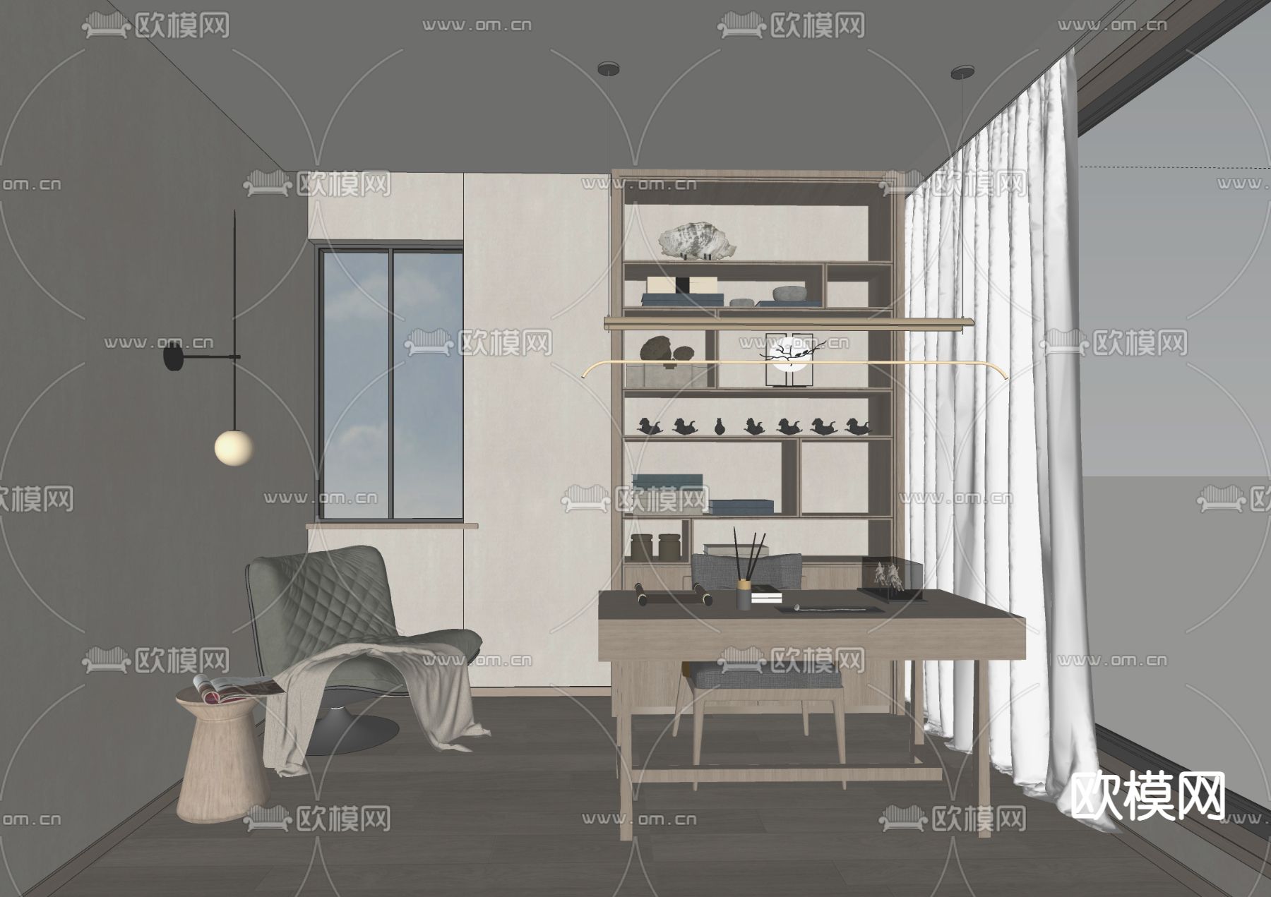现代书房su模型下载（渲染图2）
