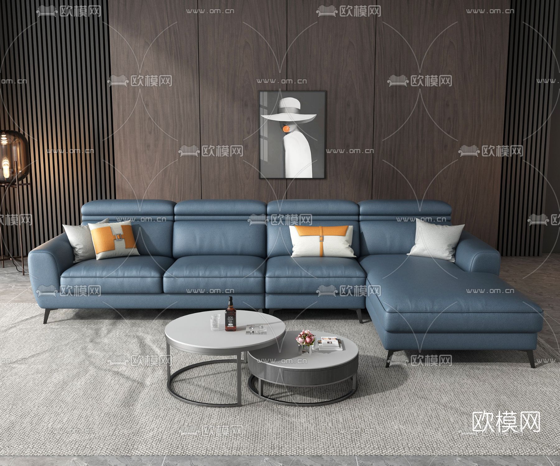 现代皮革转角沙发3d模型下载_ID11909840_3dmax免费模型-欧模网