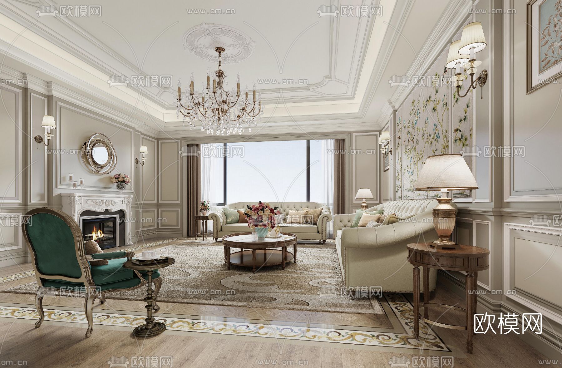 欧式轻奢客厅3d模型下载（渲染图2）