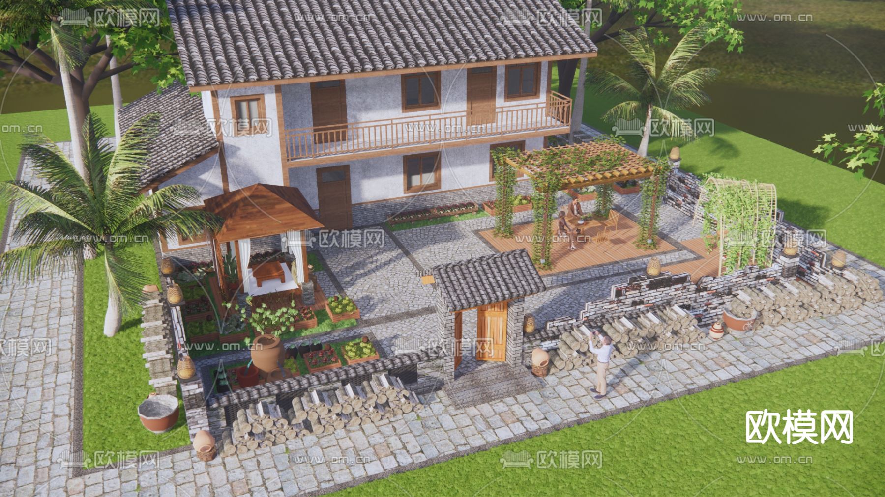 现代乡村民宿庭院su模型下载（渲染图2）