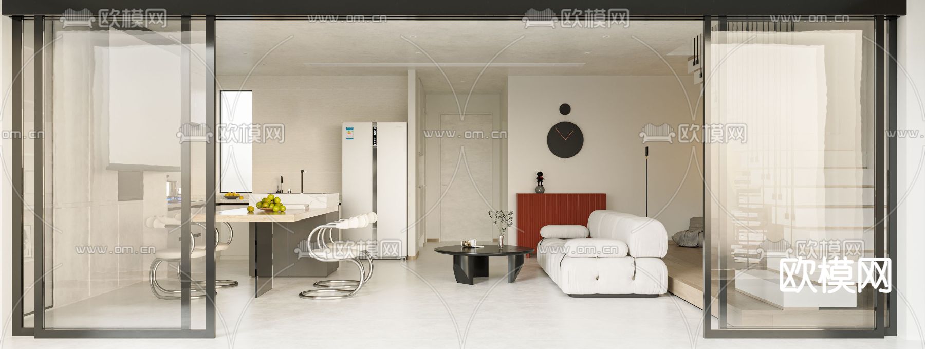 现代单身公寓客餐厅3d模型下载（渲染图3）
