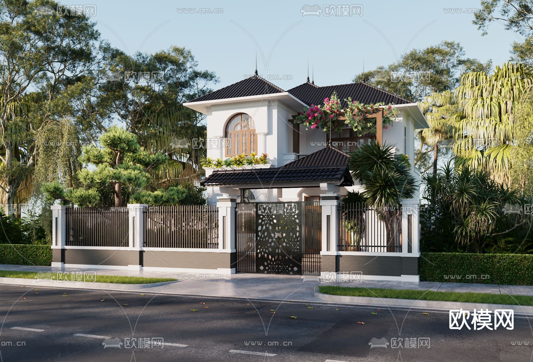 新中式独栋别墅外观3d模型下载（渲染图1）