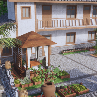  现代乡村民宿庭院su模型 