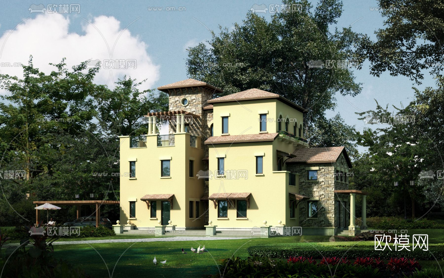 简欧独栋别墅外观3d模型下载