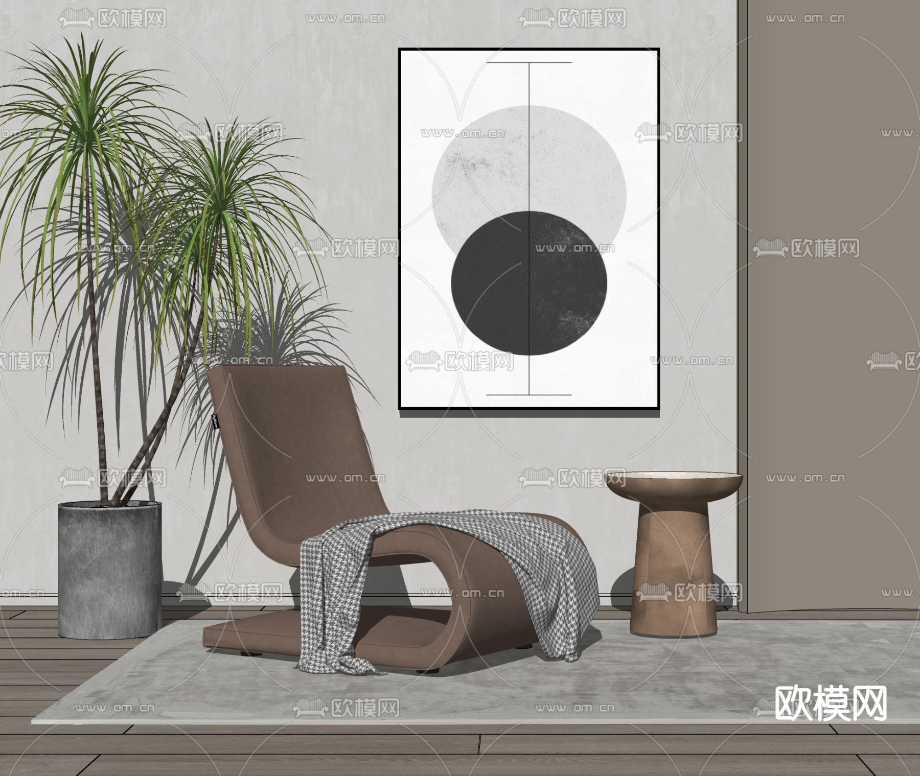 现代皮革休闲椅su模型下载（渲染图2）