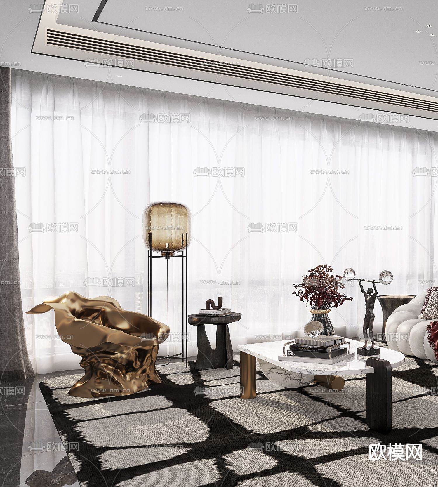 高级灰客厅 Roche Bobois组合沙发3d模型下载（渲染图2）