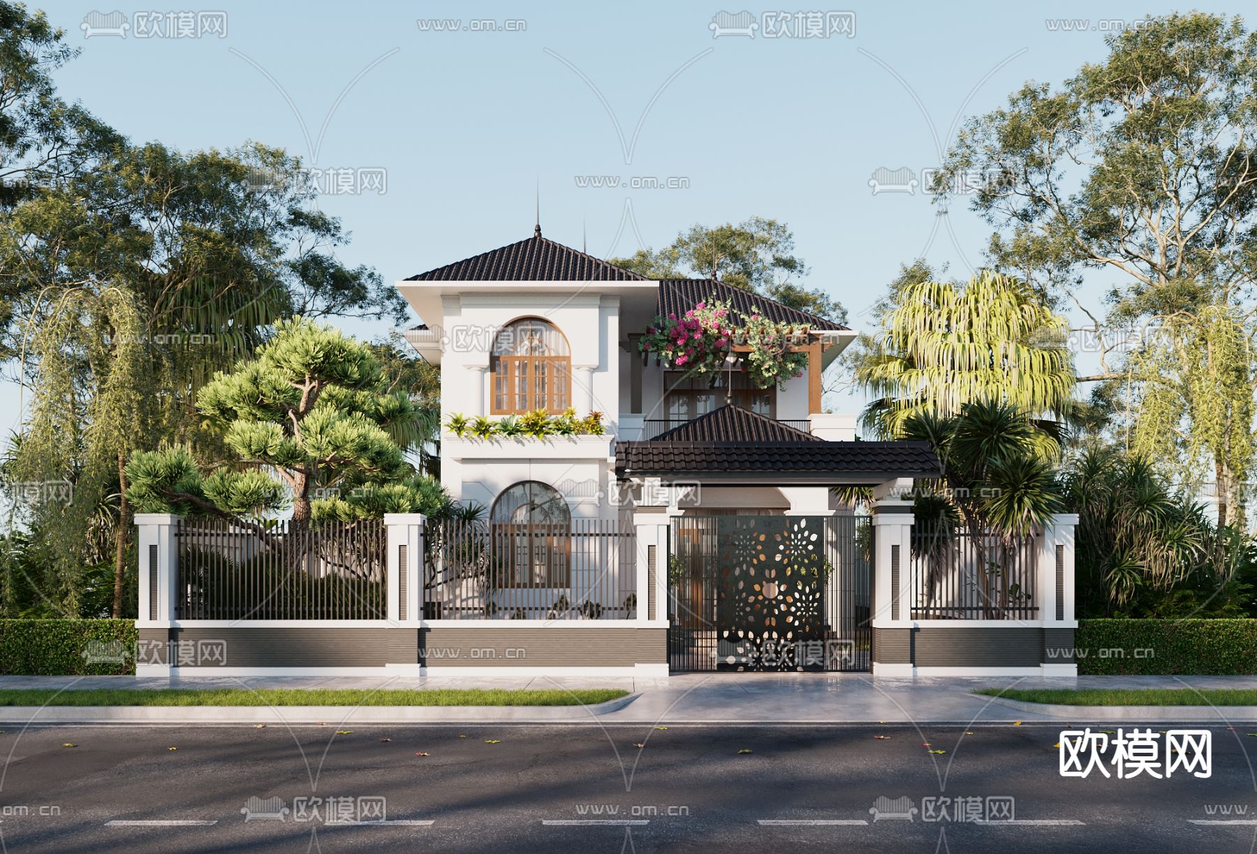 新中式独栋别墅外观3d模型下载（渲染图2）