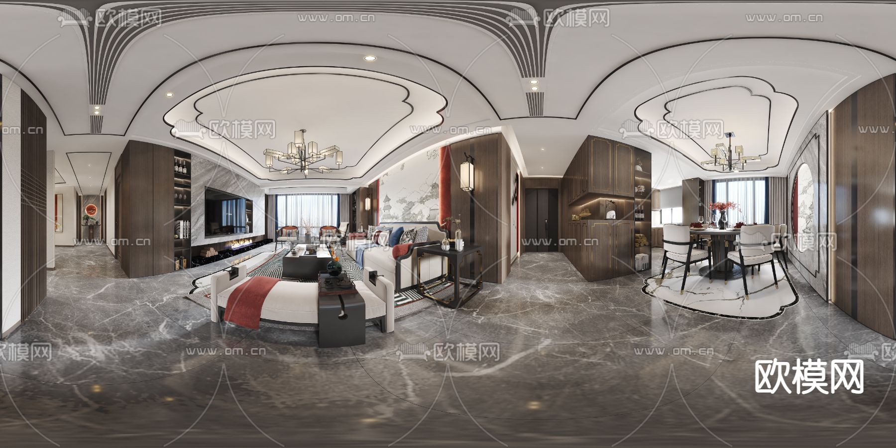 新中式客餐厅vr全景3d模型