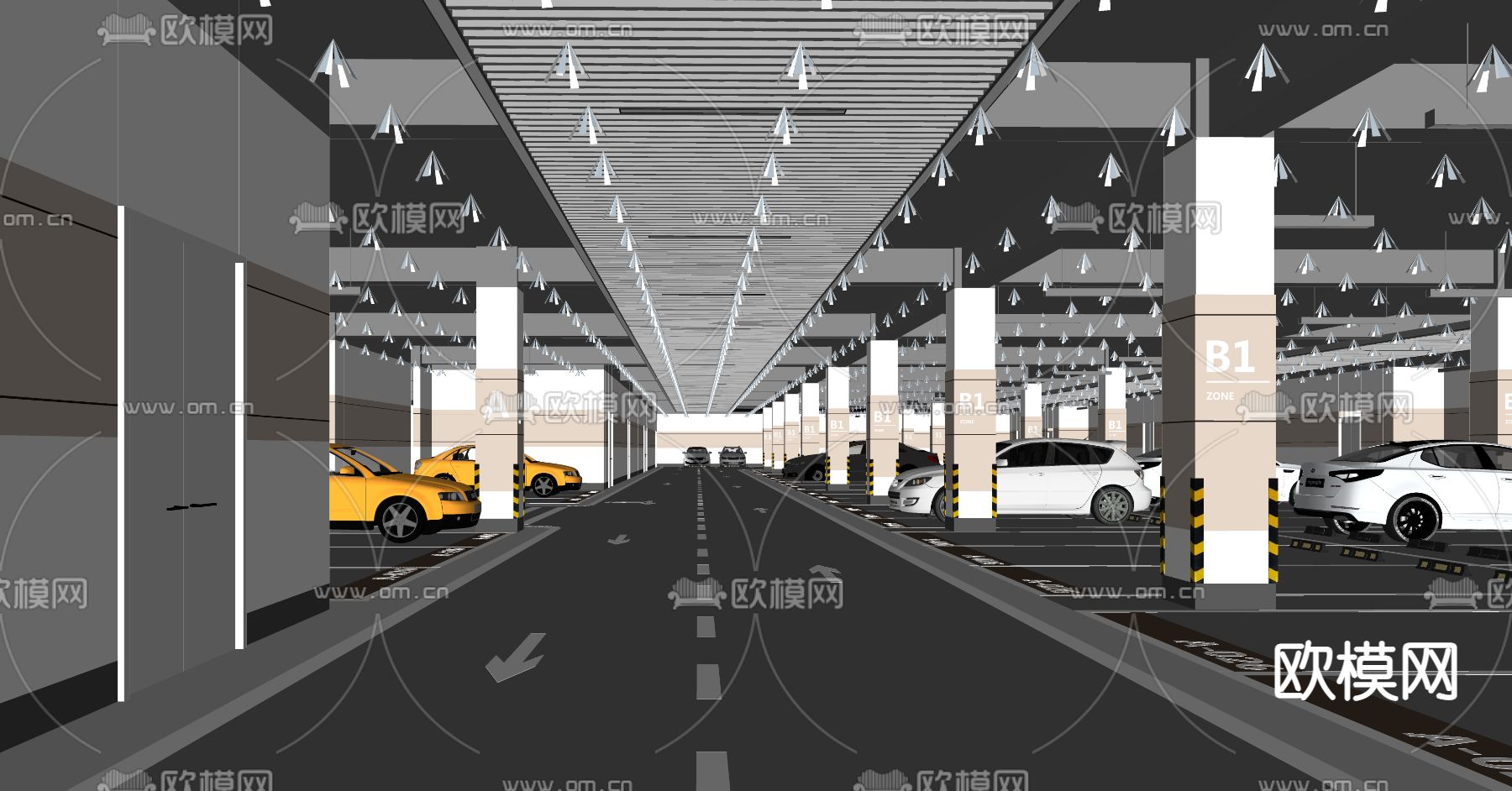 现代室内地下停车场su模型