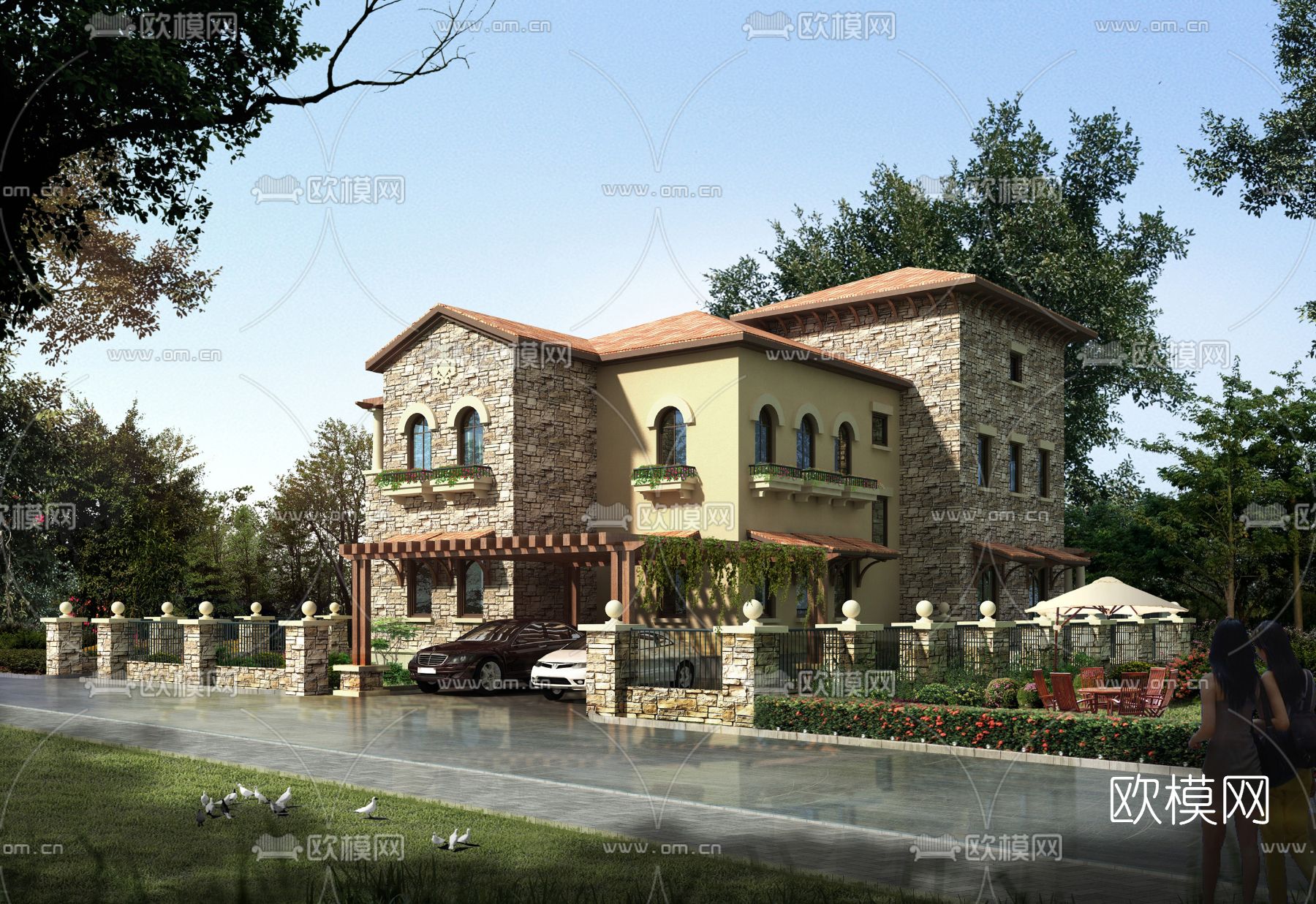 简欧独栋别墅外观3d模型下载