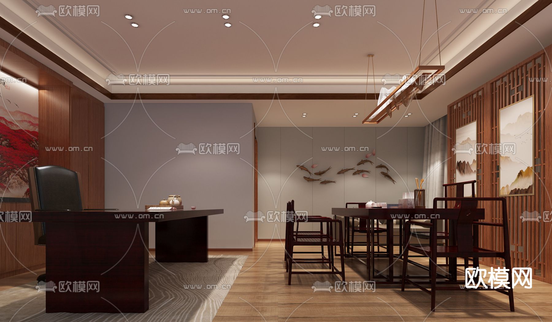 新中式董事长办公室茶室免费3d模型下载