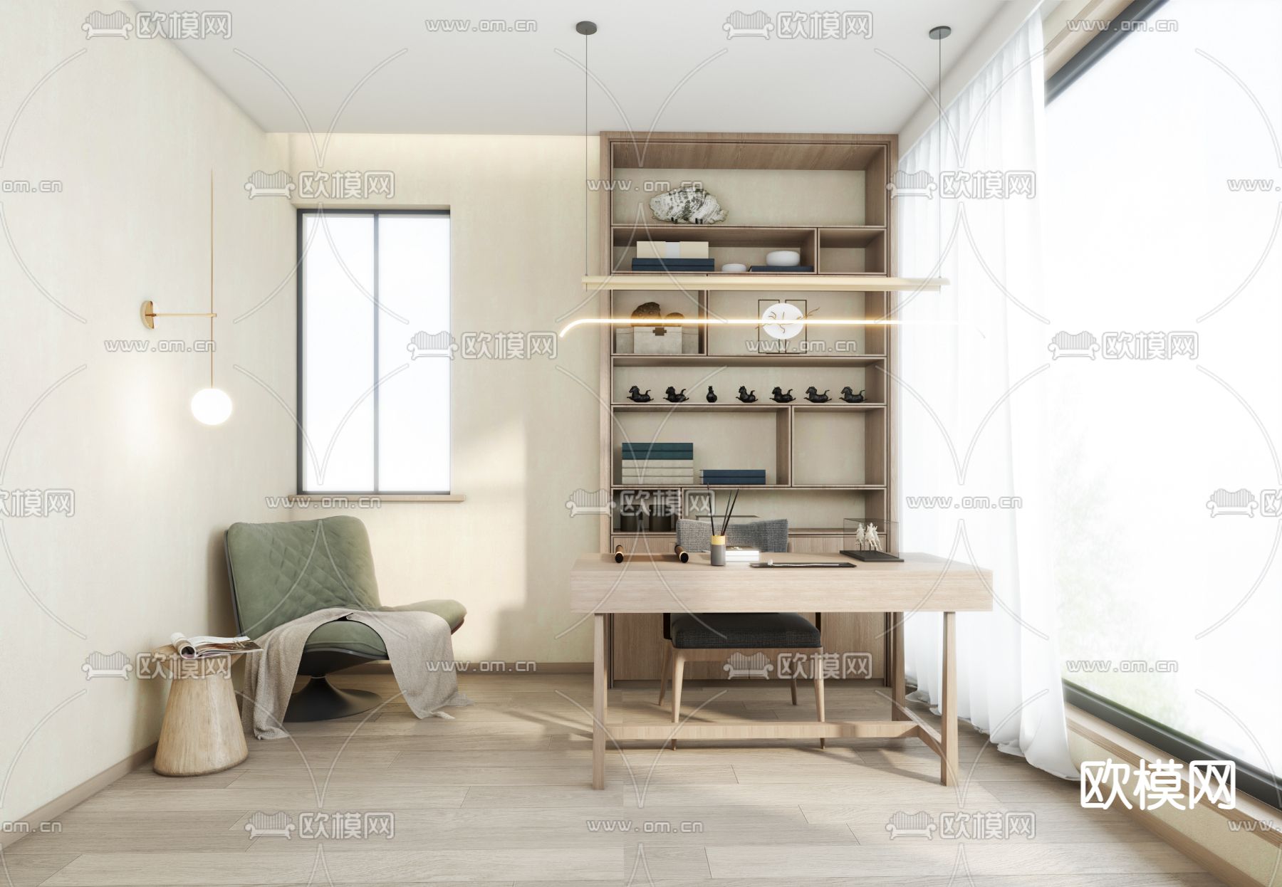 现代书房su模型下载（渲染图1）