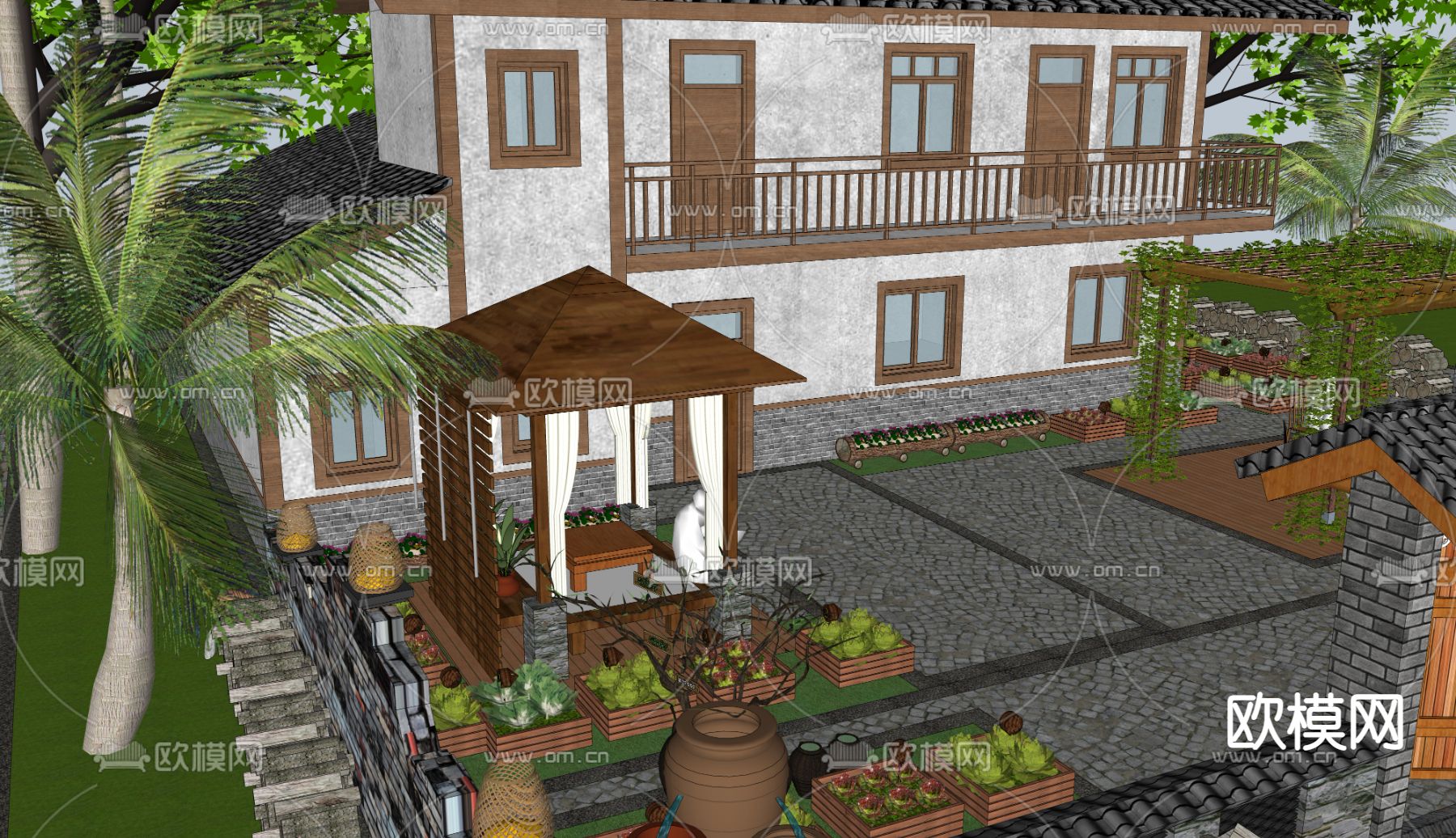 现代乡村民宿庭院su模型下载（渲染图3）