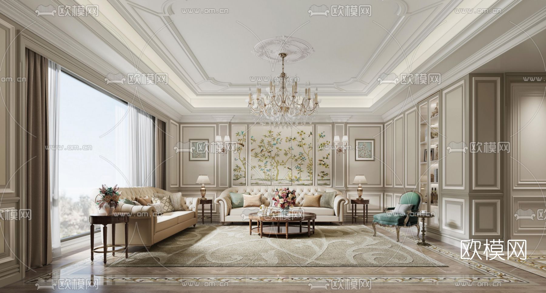欧式轻奢客厅3d模型下载（渲染图1）