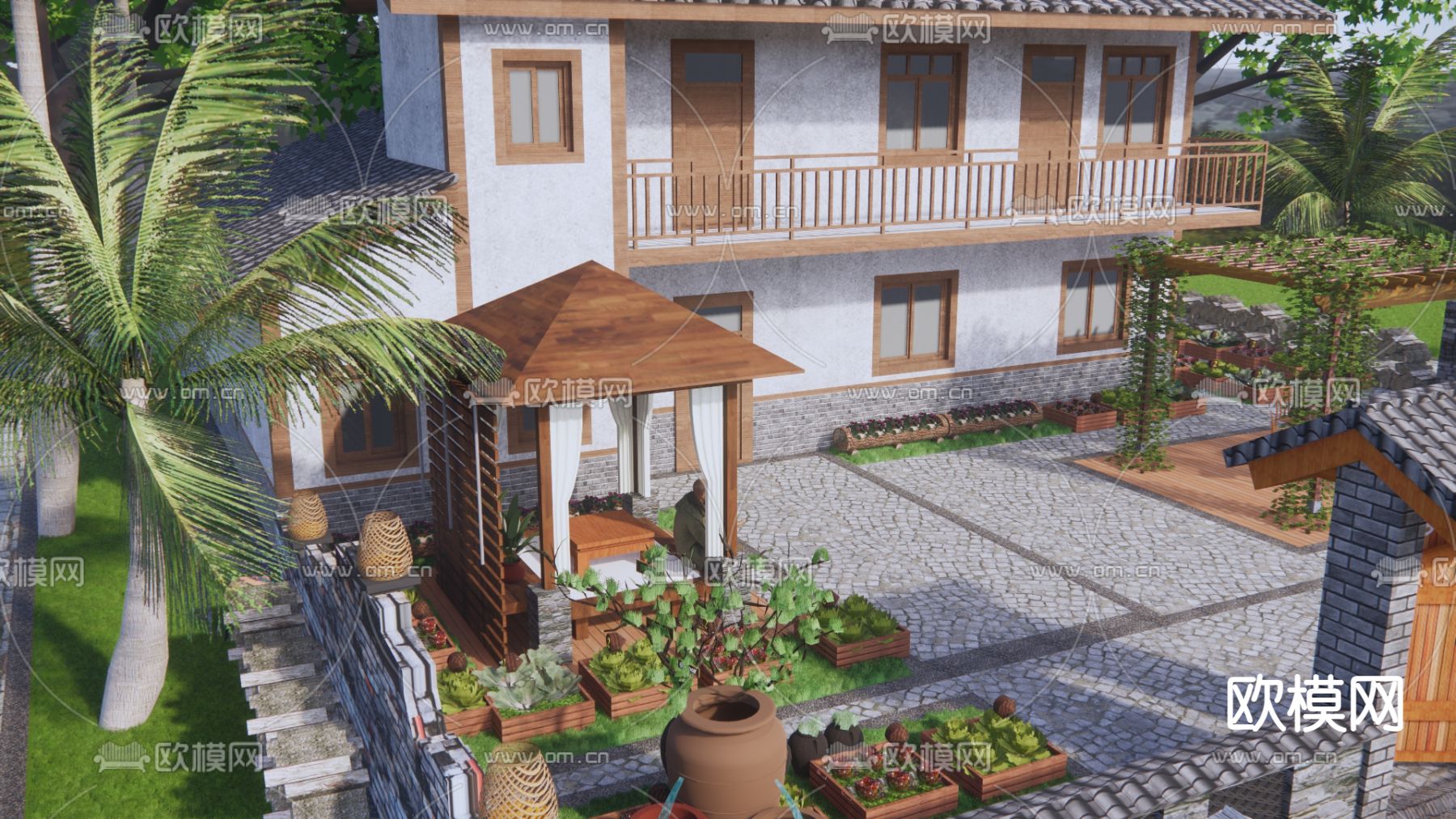 现代乡村民宿庭院su模型下载（渲染图1）