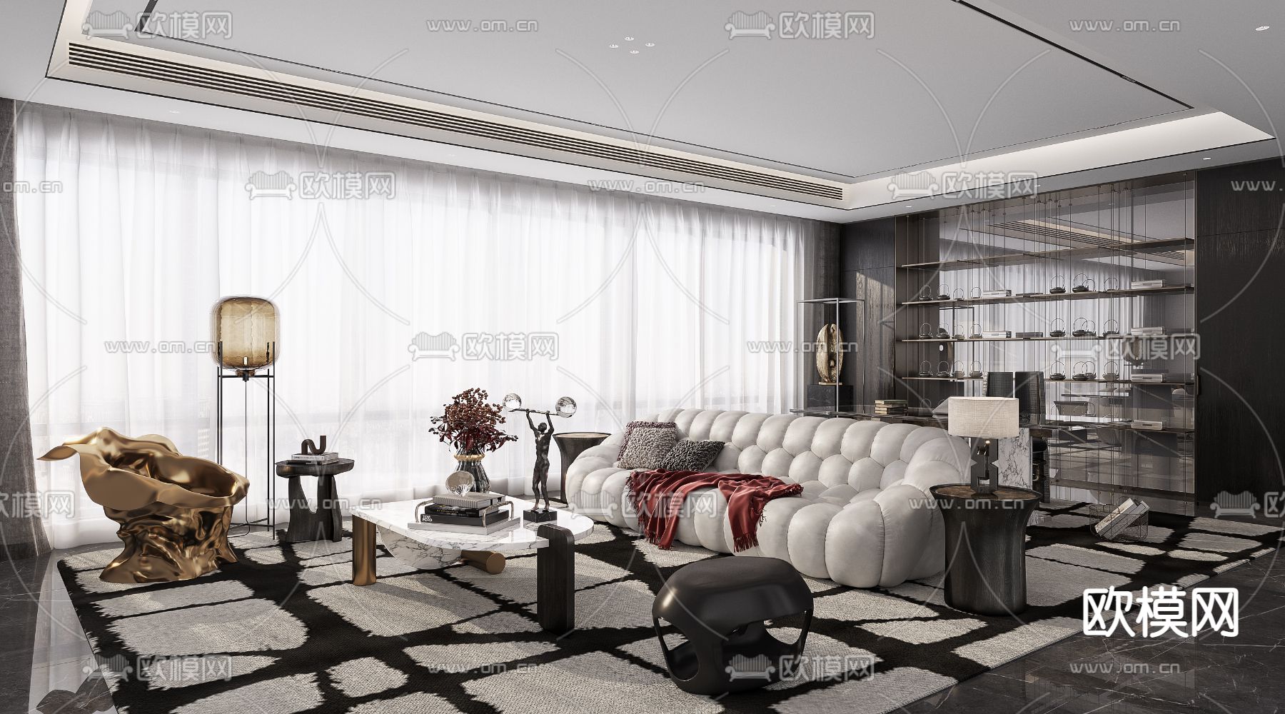 高级灰客厅 Roche Bobois组合沙发3d模型下载（渲染图1）