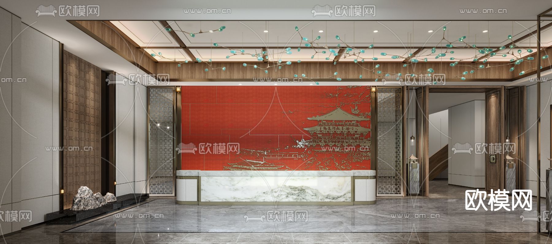 新中式售楼处大堂3d模型下载（渲染图2）