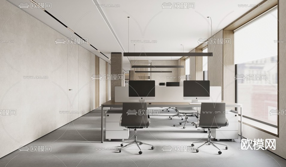 现代敞开式办公区3d模型下载(渲染图1)