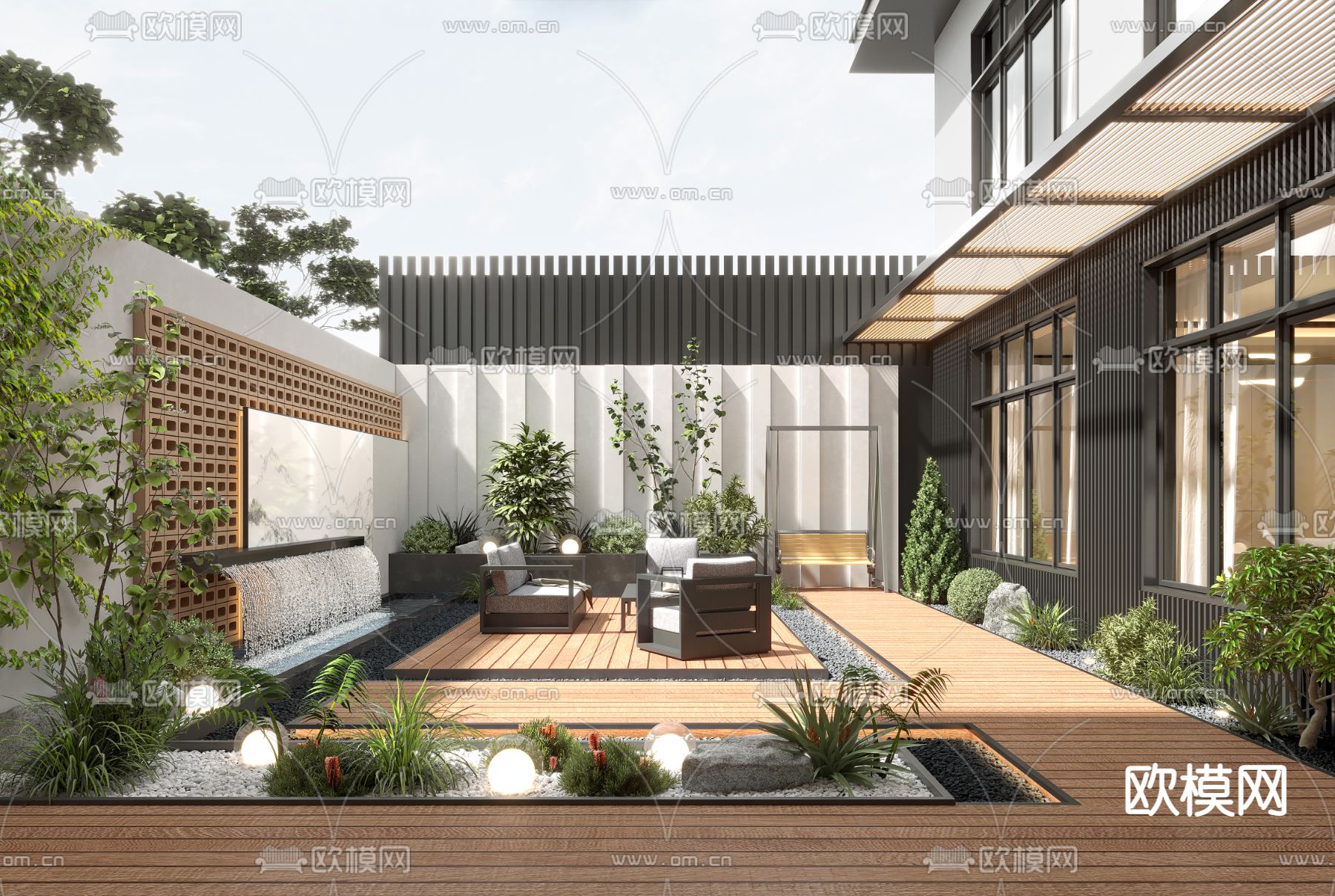 现代别墅庭院3d模型下载（渲染图1）