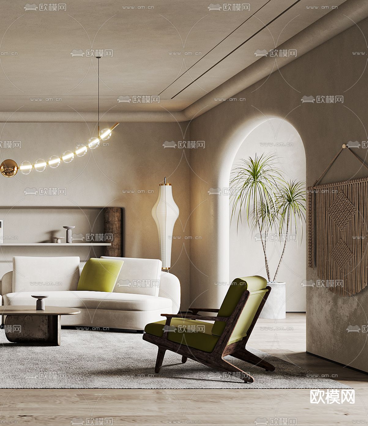 侘寂布艺弧形沙发组合3d模型下载（渲染图3）