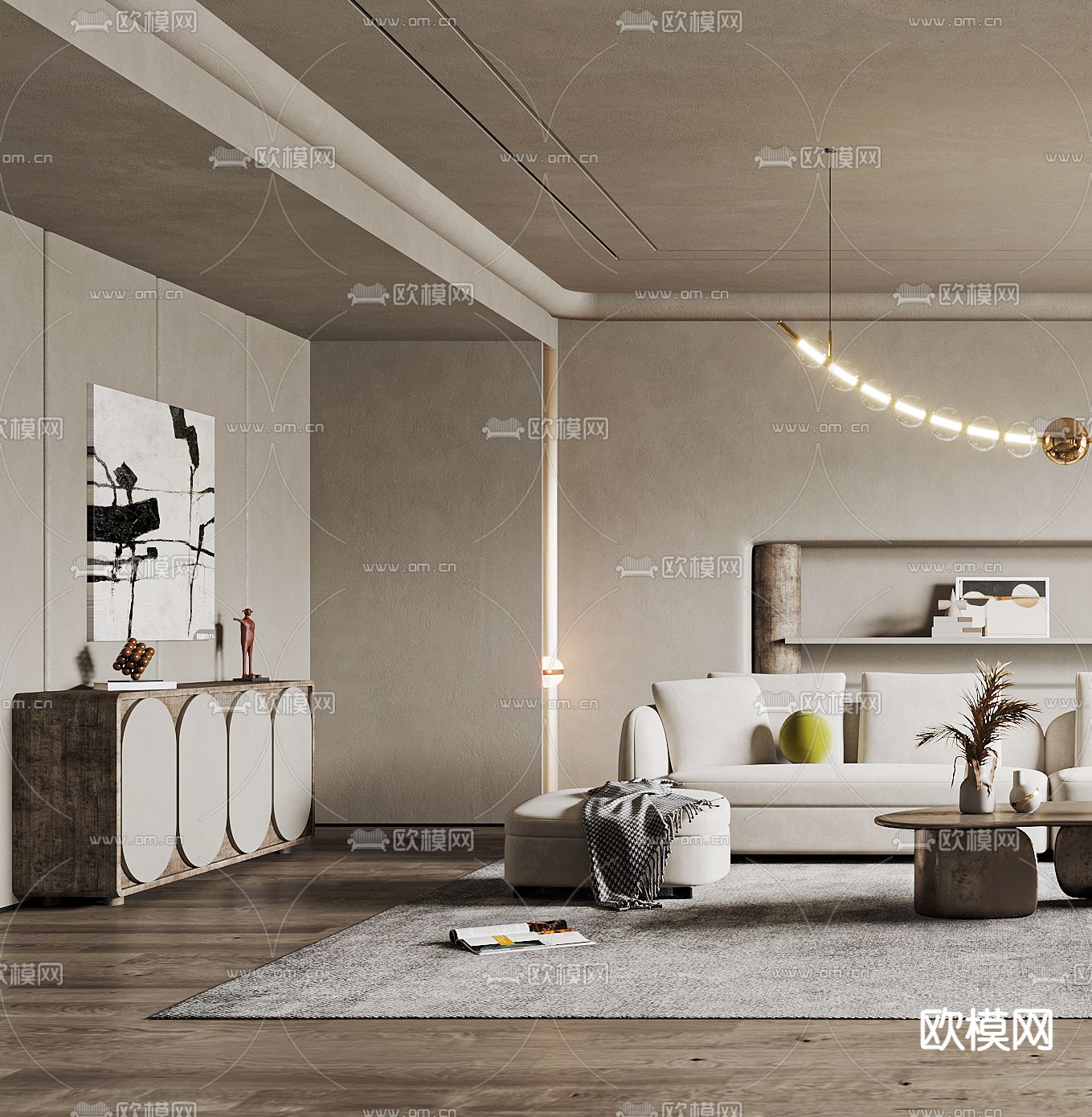 侘寂布艺弧形沙发组合3d模型下载（渲染图2）