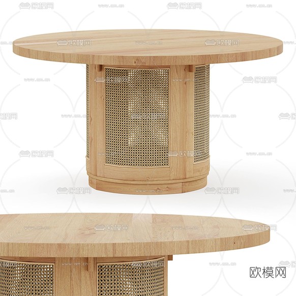 侘寂风实木圆形餐桌3d模型下载