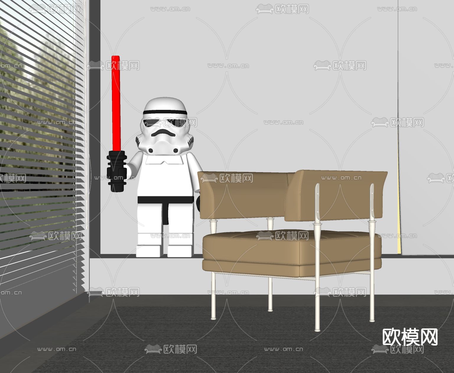 现代皮革休闲椅su模型下载（渲染图2）