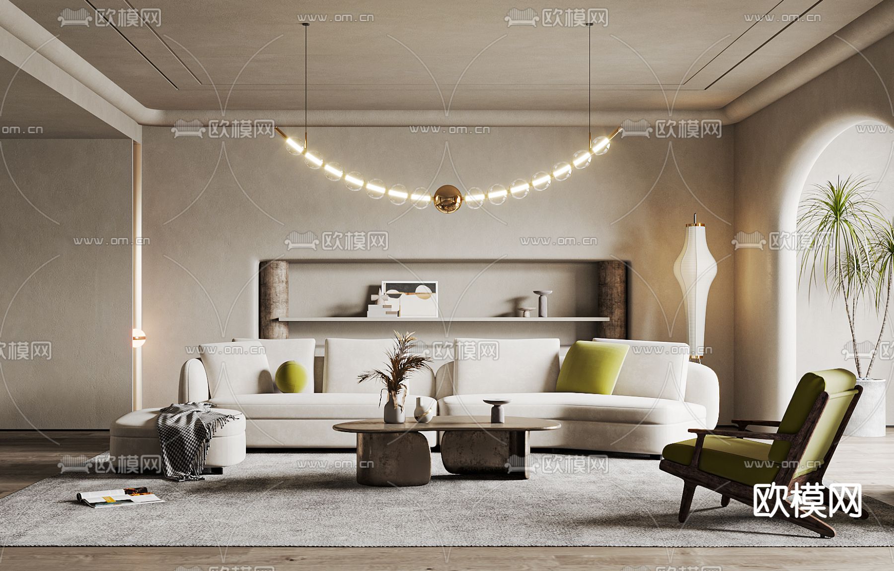 侘寂布艺弧形沙发组合3d模型下载（渲染图4）