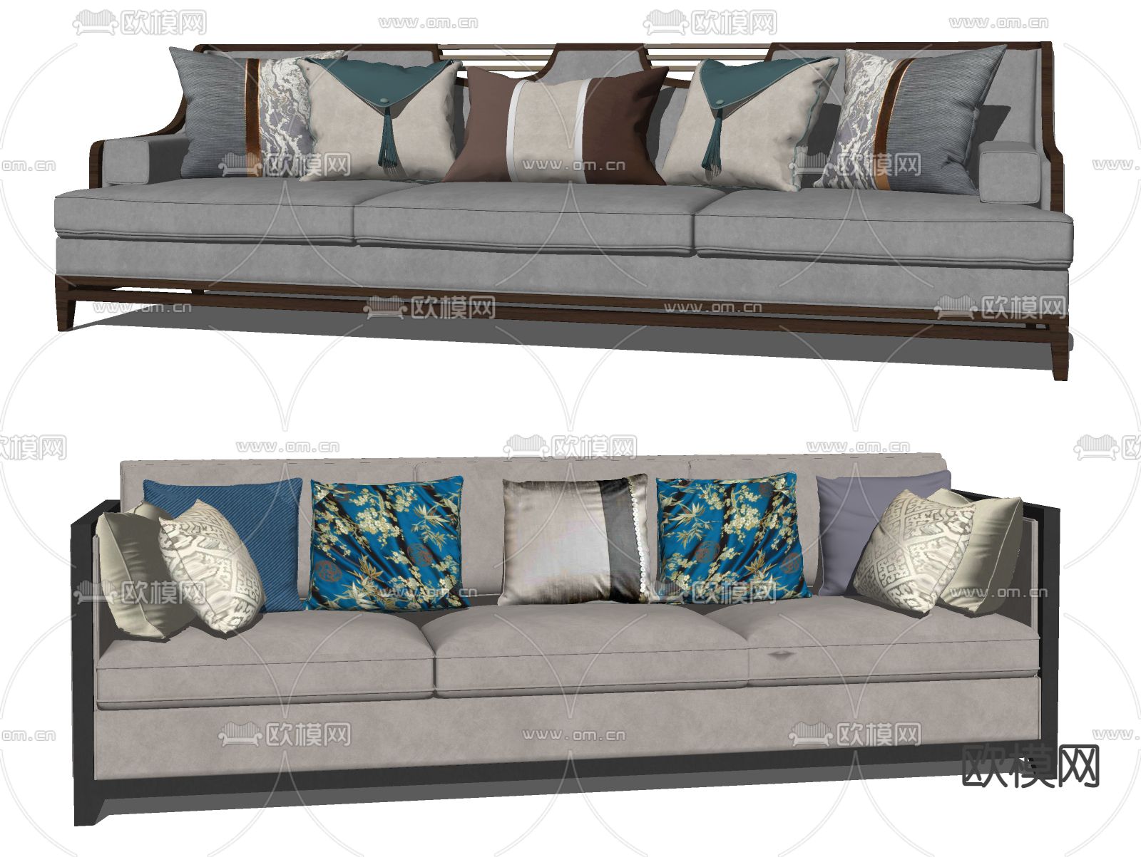 新中式布艺多人沙发su模型下载（渲染图2）