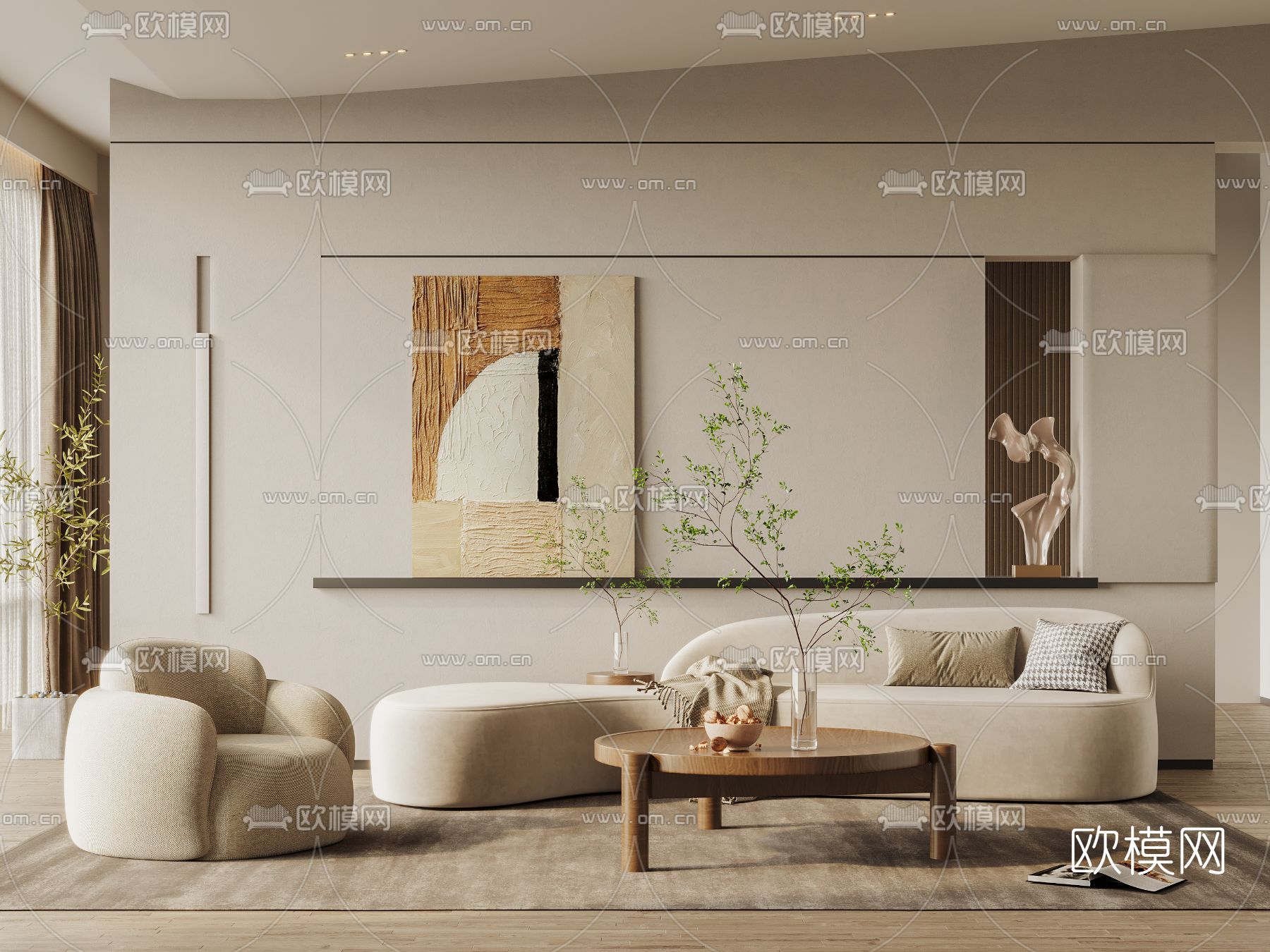 侘寂布艺弧形沙发组合3d模型下载（渲染图1）