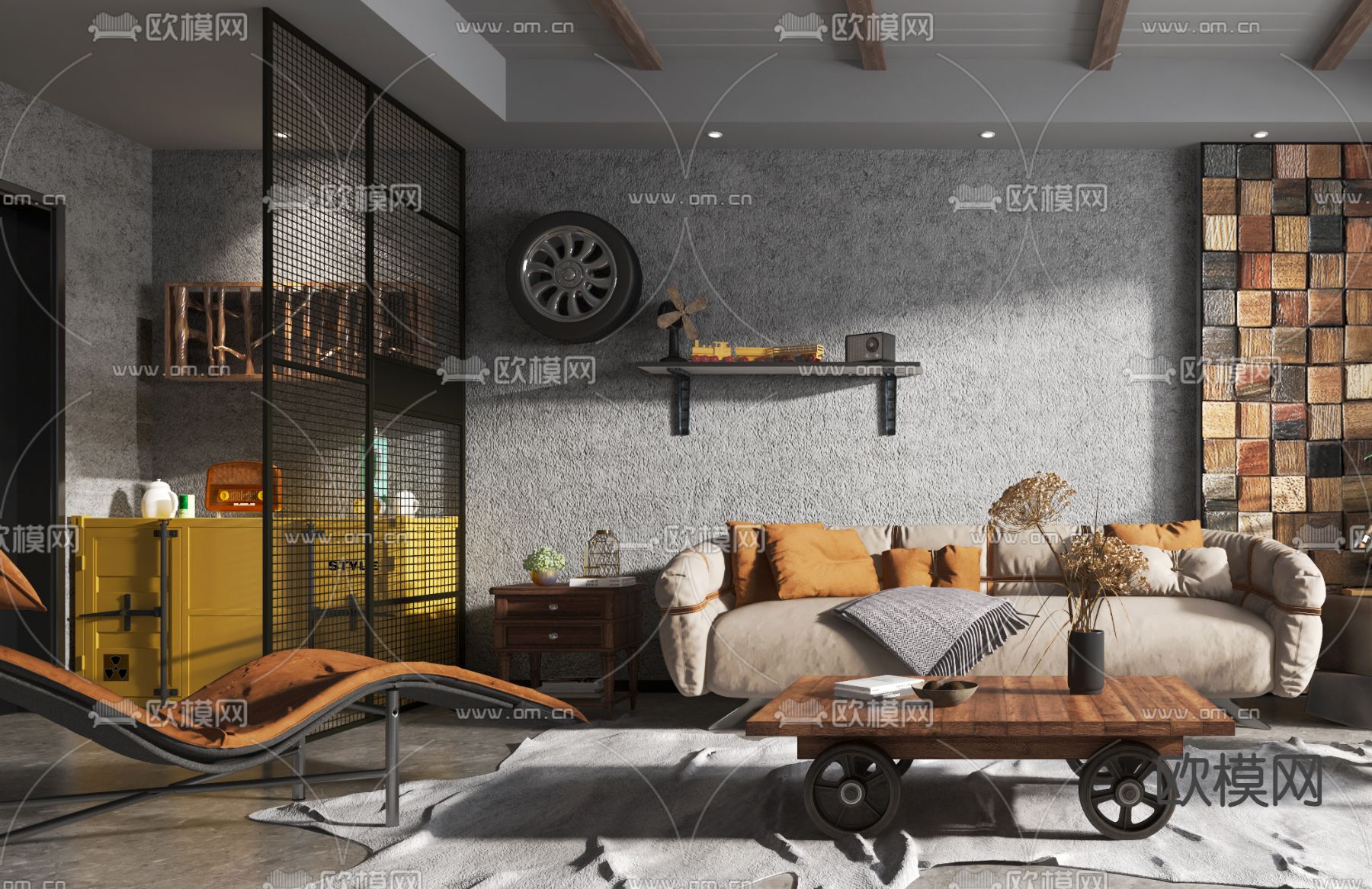 工业风布艺沙发组合3d模型下载（渲染图2）