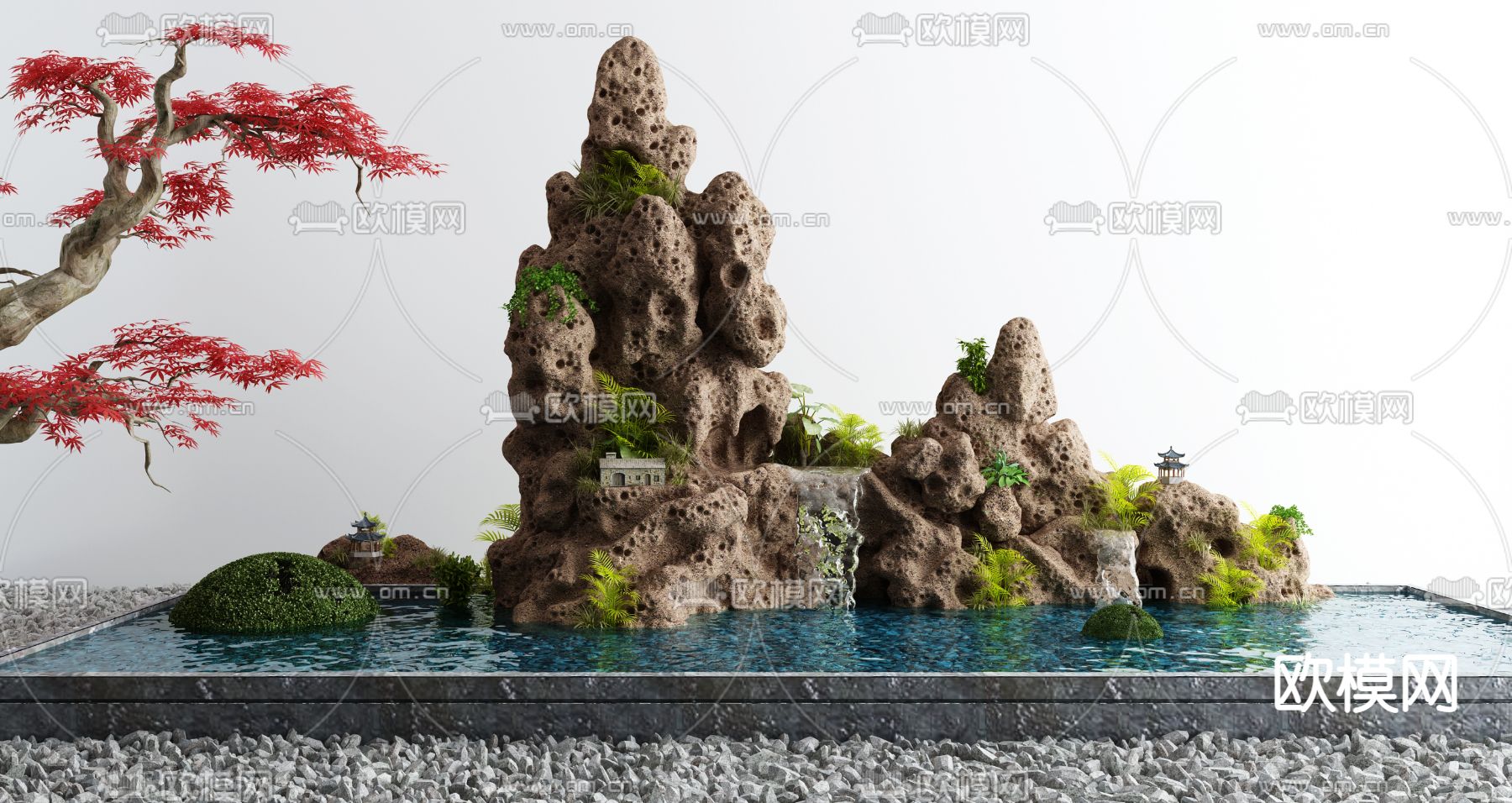 新中式假山水景小品3d模型下载