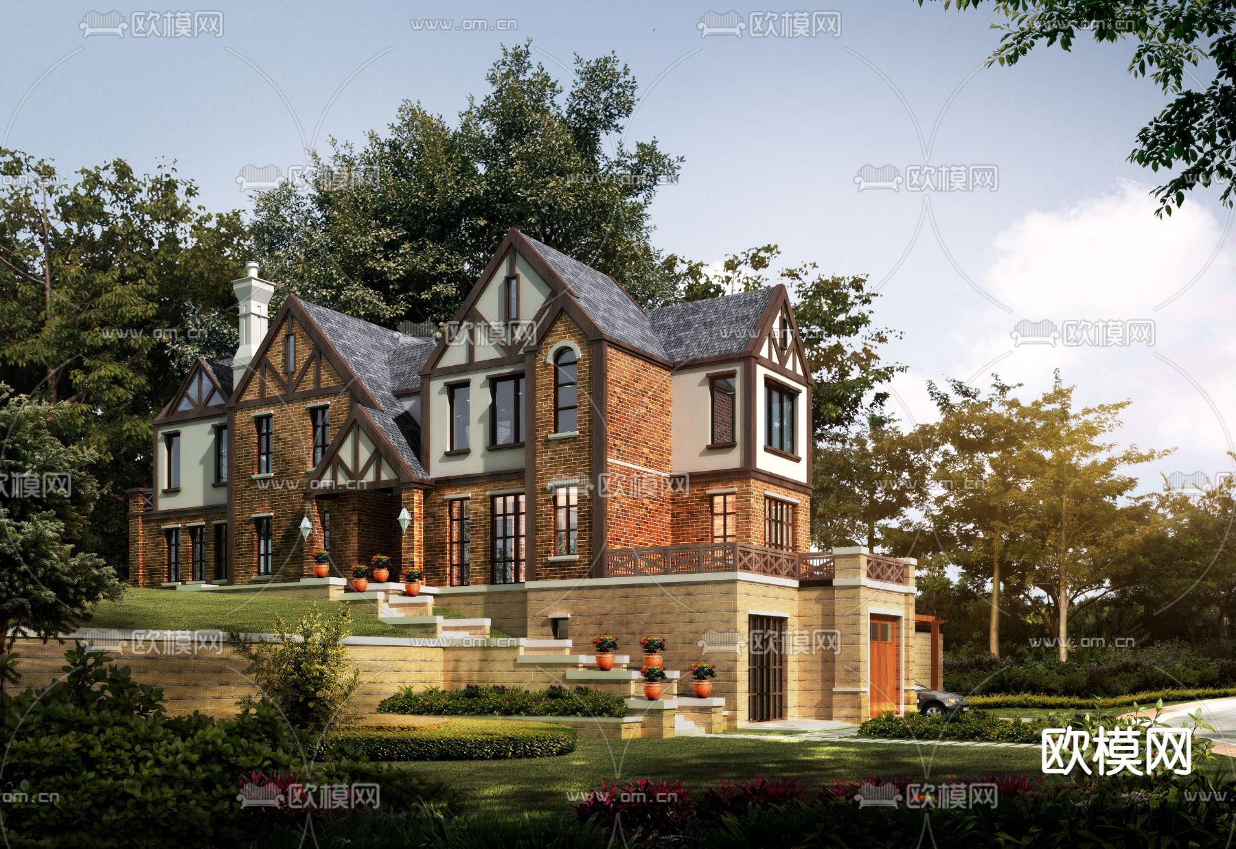 美式别墅外观3d模型下载