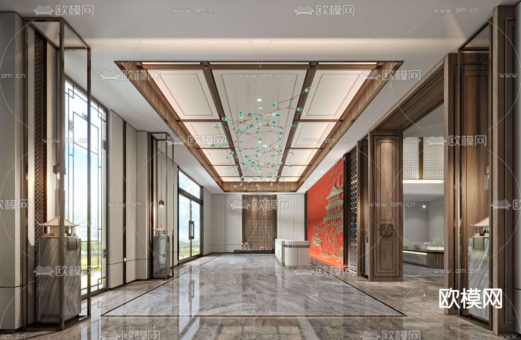新中式售楼处大堂3d模型下载（渲染图1）