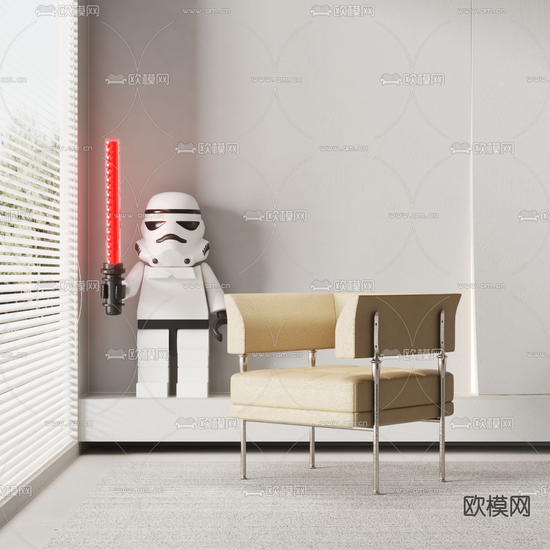 现代皮革休闲椅su模型下载（渲染图1）