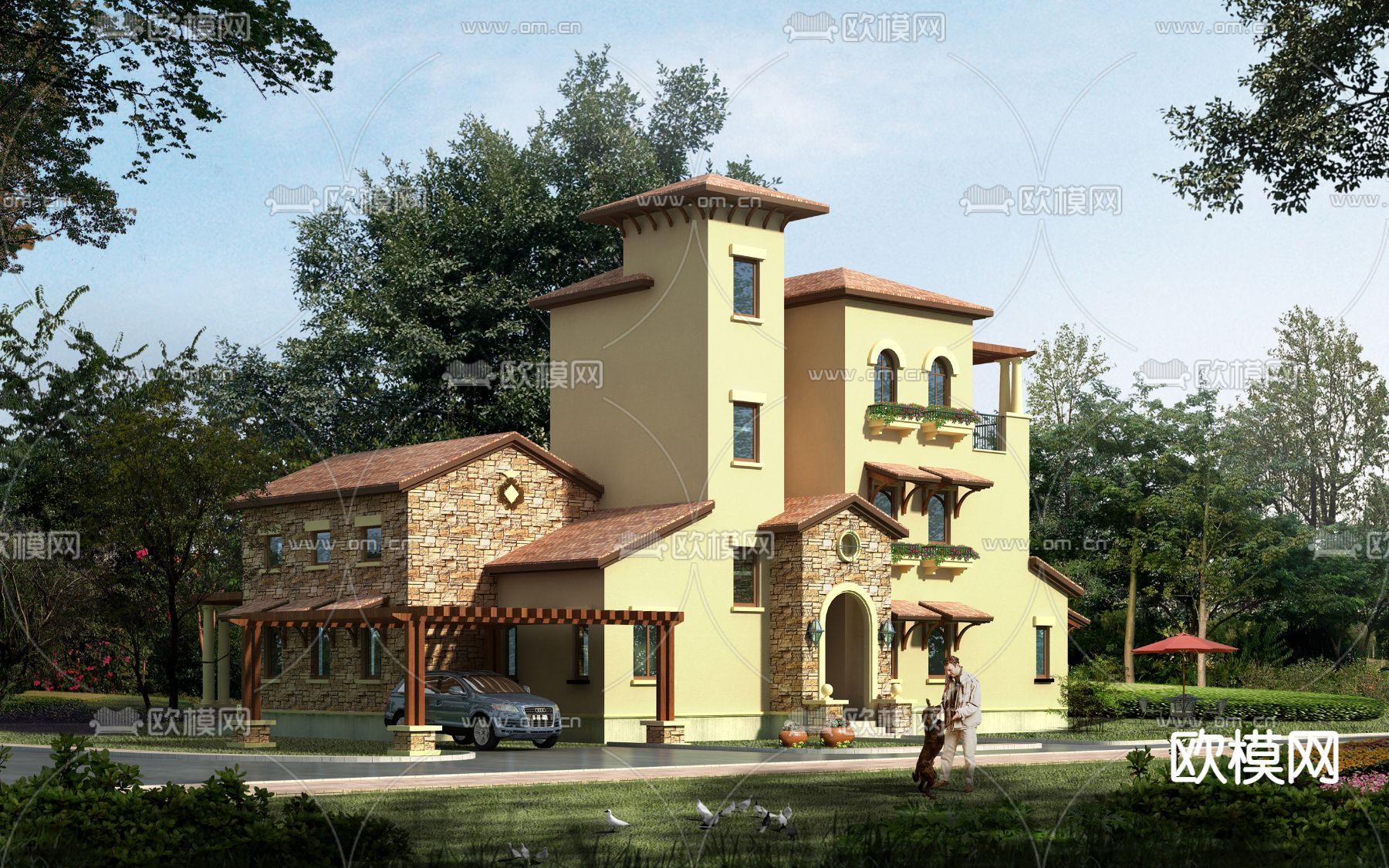简欧独栋别墅外观3d模型下载