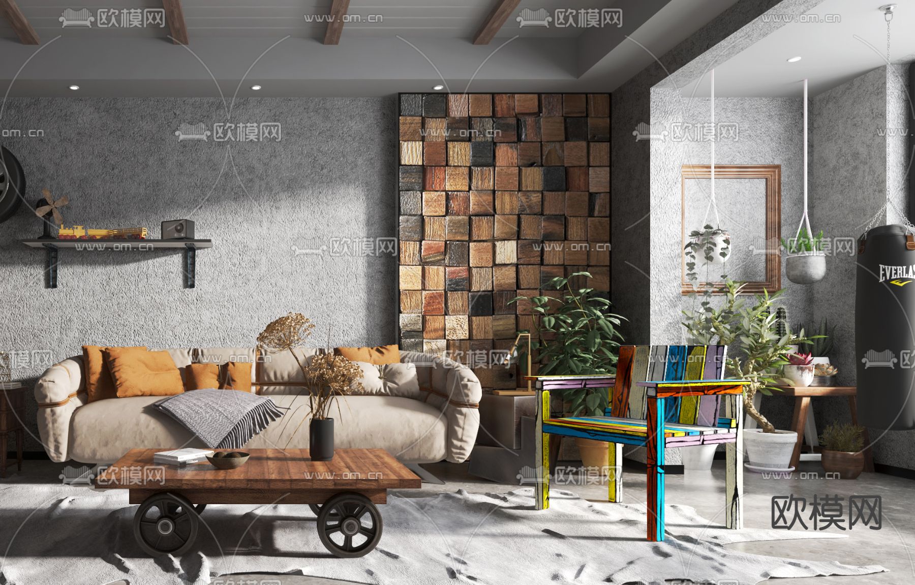 工业风布艺沙发组合3d模型下载（渲染图3）