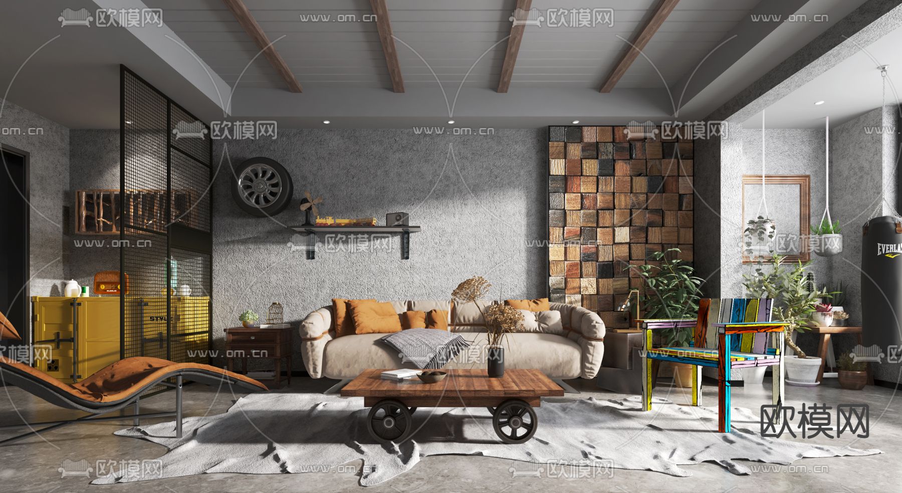 工业风布艺沙发组合3d模型下载（渲染图1）